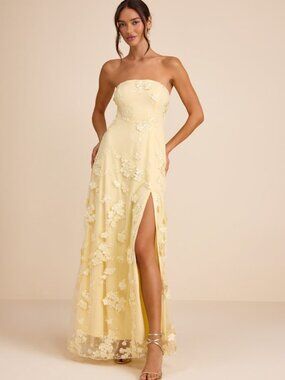 Lulus Rare Presence Light Yellow 3d Floral Embroidered Maxi Dress - Size S